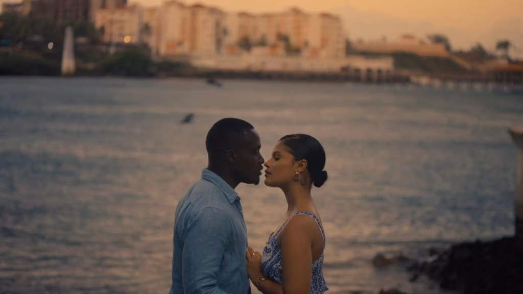 A man and a woman kiss in front of a sunset over the indian ocean