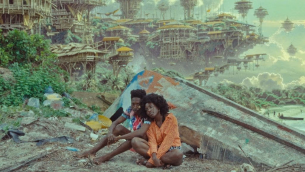 A young couple sits together in a futuristic AI world
