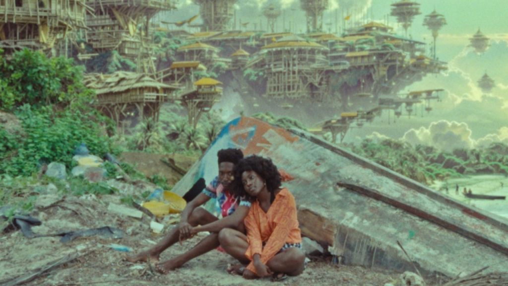 A young couple sits together in a futuristic AI world